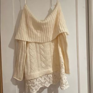 Cream off the shoulder Knox Rose sweater with lace detail.